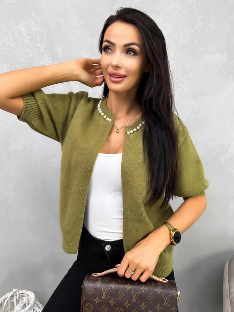 Khaki Sweterek z Perełkami 13080-290-E|Modna Kiecka New