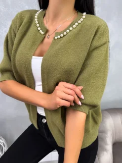 Khaki Sweterek z Perełkami 13080-290-E|Modna Kiecka New