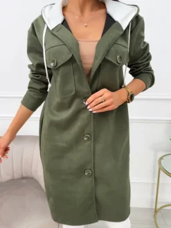 Khaki Zamszowy Płaszcz z Kapturem 13561-420-C|Modna Kiecka Outlet