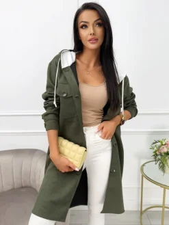 Khaki Zamszowy Płaszcz z Kapturem 13561-420-C|Modna Kiecka Outlet