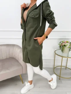 Khaki Zamszowy Płaszcz z Kapturem 13561-420-C|Modna Kiecka Outlet