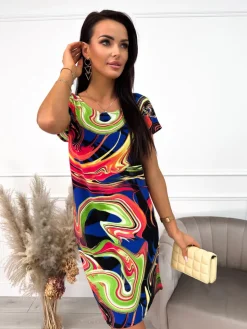 Klasyczna Sukienka w Kolorowy Wzór 10190-206|Modna Kiecka Hot