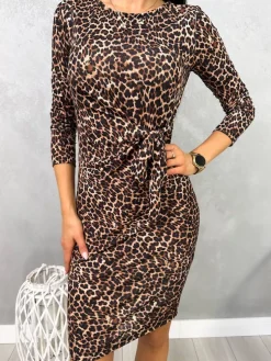 Klasyczna Sukienka w Panterkę z Wiązaniem 13087-242-Q|Modna Kiecka Fashion