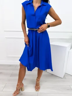 Kobaltowa Letnia Sukienka Midi z Kołnierzykiem 12414-281-E|Modna Kiecka Hot
