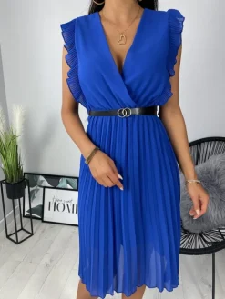 Kobaltowa Plisowana Sukienka z Paskiem 11849-103-B|Modna Kiecka New