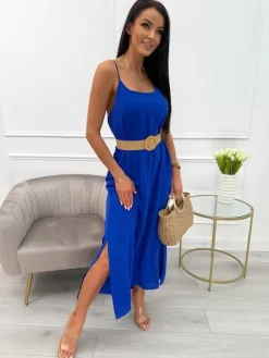 Kobaltowa Sukienka Maxi na Ramiączkach 13880-143-E|Modna Kiecka Hot