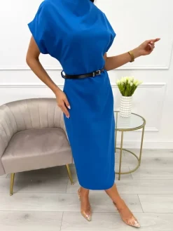 Kobaltowa Sukienka Midi z Paskiem 13851-408-B|Modna Kiecka Online