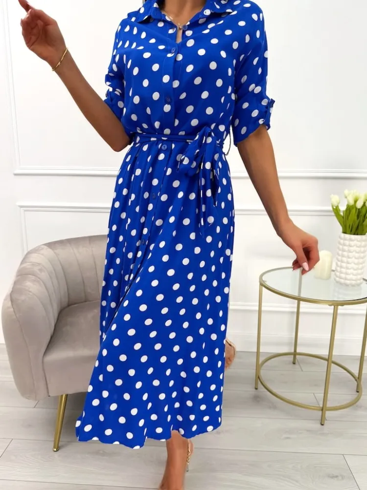 Kobaltowa Sukienka w Grochy z Paskiem 13850-426-B|Modna Kiecka Sale