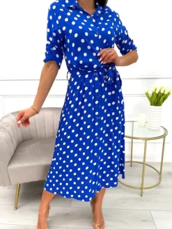 Kobaltowa Sukienka w Grochy z Paskiem 13850-426-B|Modna Kiecka Sale