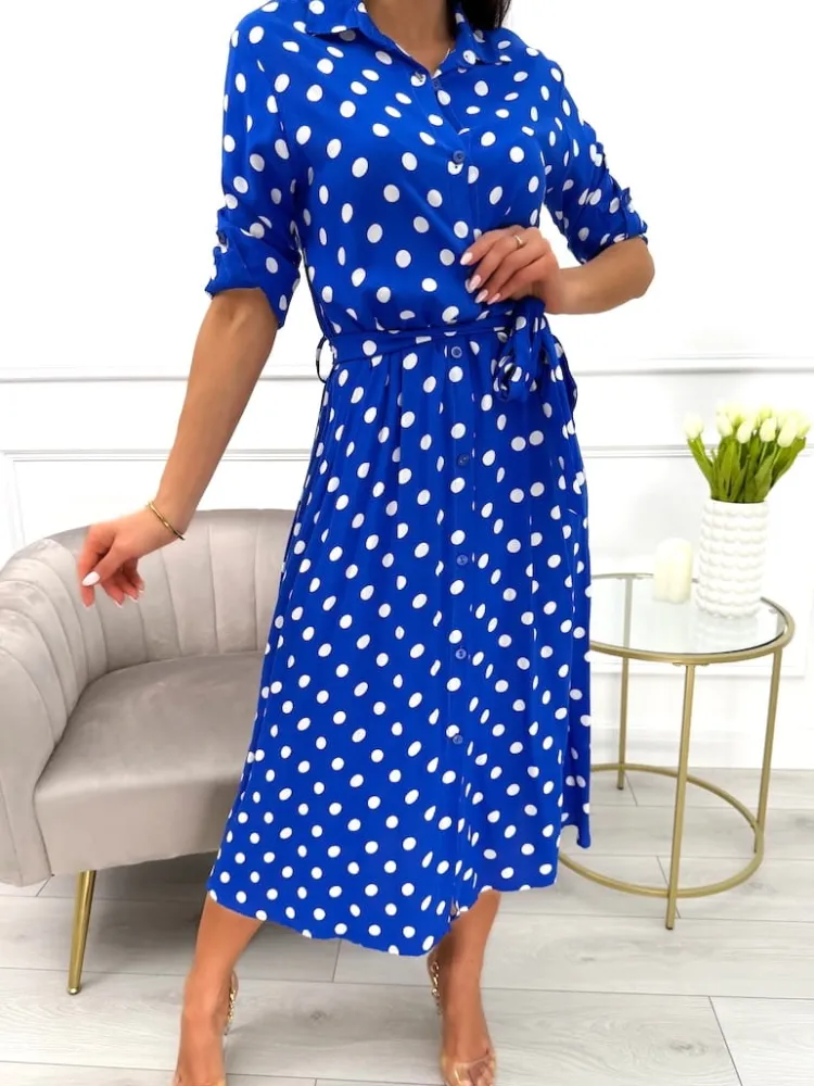 Kobaltowa Sukienka w Grochy z Paskiem 13850-426-B|Modna Kiecka Sale