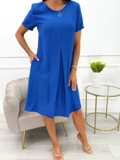 Kobaltowa Sukienka z Kieszeniami 13969-336-G|Modna Kiecka Hot