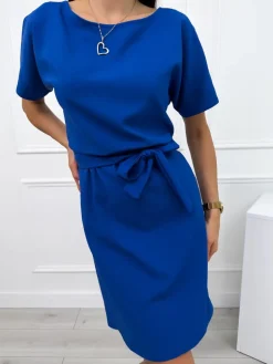 Kobaltowa Sukienka z Kieszeniami i Paskiem 12427-07-C|Modna Kiecka Fashion