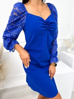 Kobaltowa Sukienka z Koronkowym Rękawem 10868-507-B|Modna Kiecka Fashion