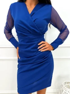 Kobaltowa Sukienka z Marszczeniem 13455-426-F|Modna Kiecka Fashion