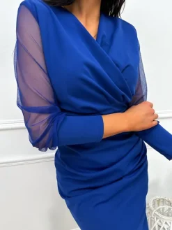 Kobaltowa Sukienka z Marszczeniem 13455-426-F|Modna Kiecka Fashion