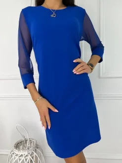 Kobaltowa Sukienka z Ozdobnym Rękawem 11449-266-C|Modna Kiecka Outlet
