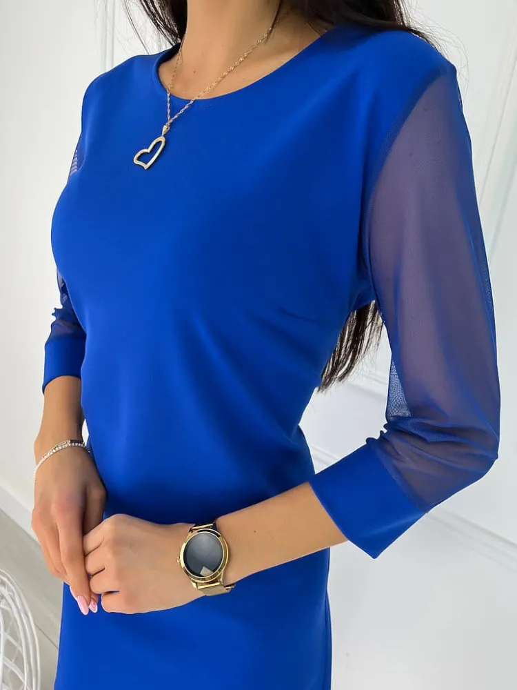 Kobaltowa Sukienka z Ozdobnym Rękawem 11449-266-C|Modna Kiecka Outlet