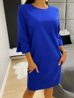 Kobaltowa Sukienka z Ozdobnym Rękawkiem 11420-504-D|Modna Kiecka Best