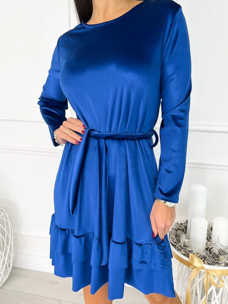 Kobaltowa Welurowa Sukienka z Falbankami 9346-281-D|Modna Kiecka Outlet