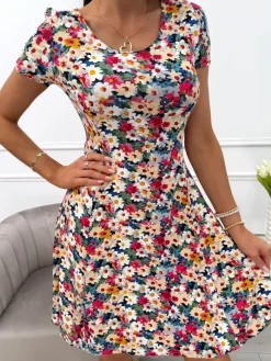 Kolorowa Sukienka w Kwiaty 13950-293-Q|Modna Kiecka Online