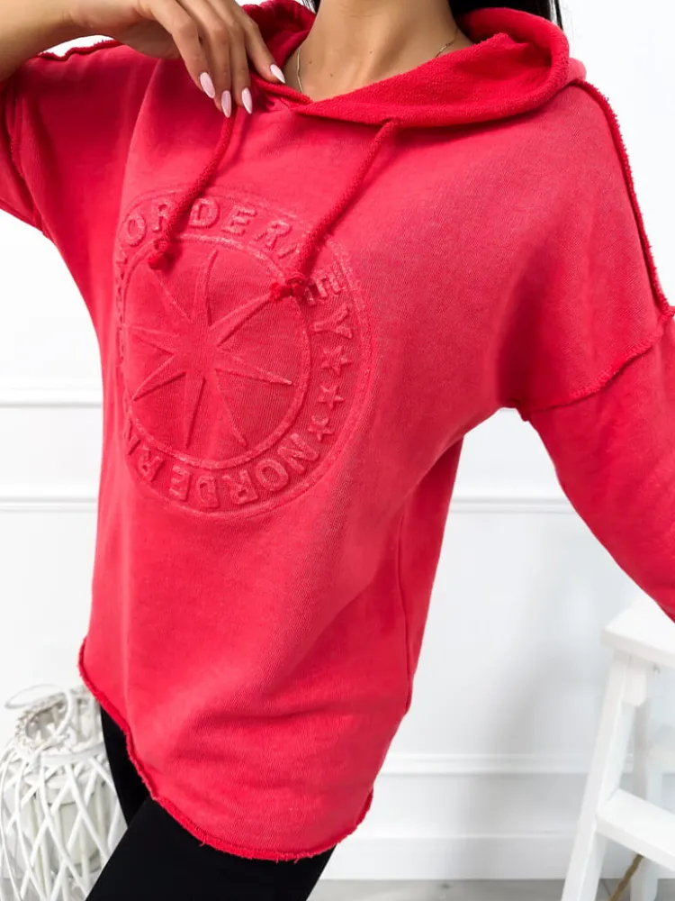 Koralowa Bluza z Kapturem 12706-292-B|Modna Kiecka Online