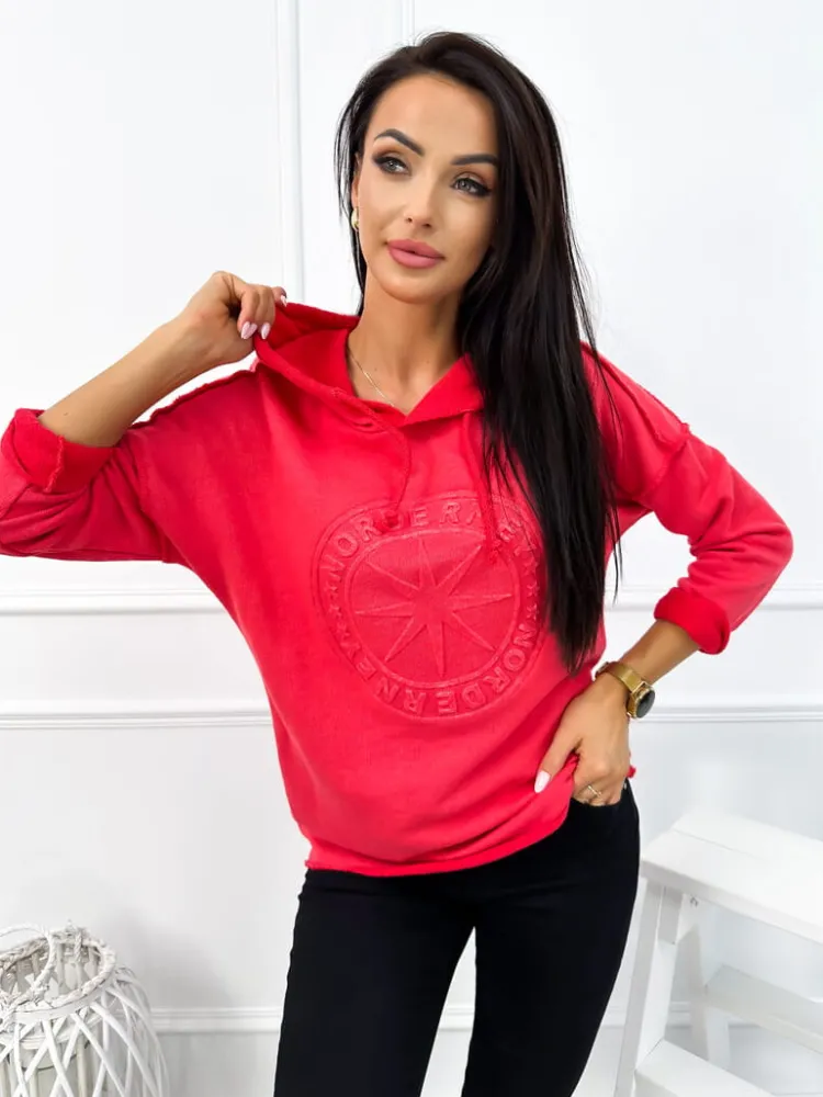 Koralowa Bluza z Kapturem 12706-292-B|Modna Kiecka Online
