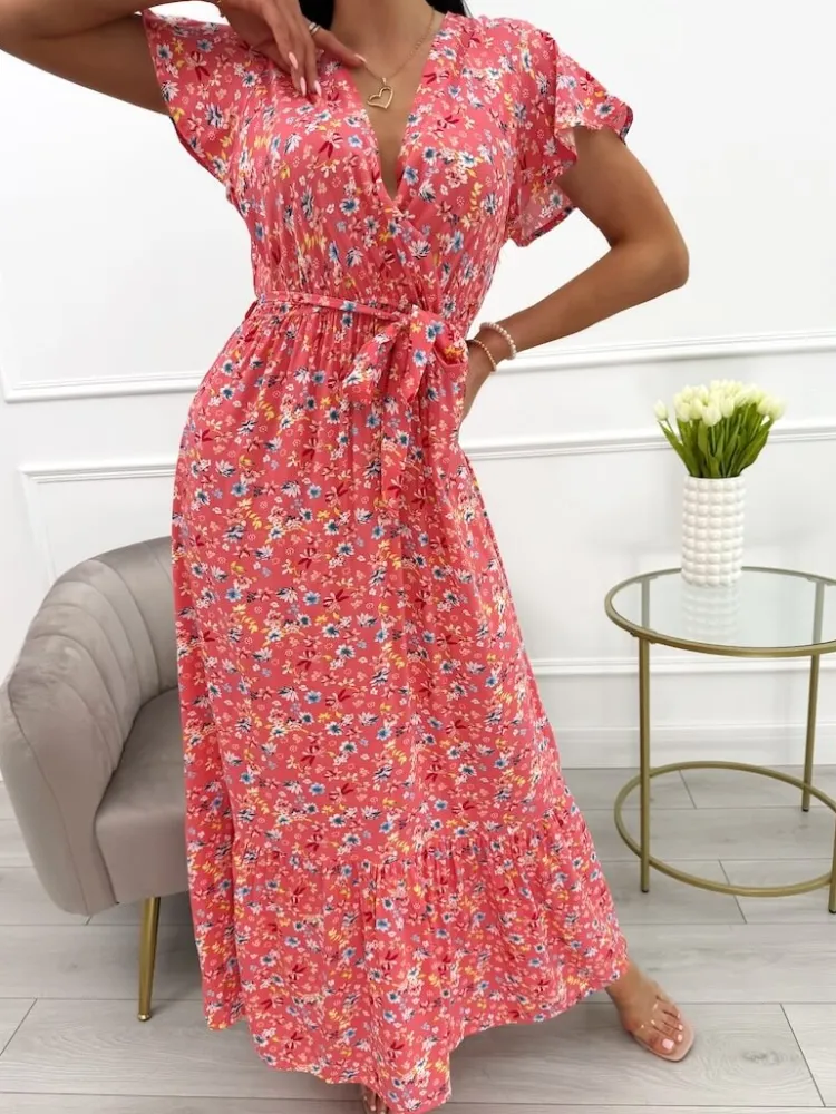 Koralowa Sukienka Maxi w Kwiaty 13924-532-C|Modna Kiecka Discount