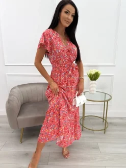 Koralowa Sukienka Maxi w Kwiaty  13924-532-C|Modna Kiecka Discount