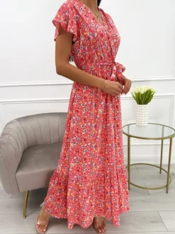 Koralowa Sukienka Maxi w Kwiaty 13924-532-C|Modna Kiecka Discount
