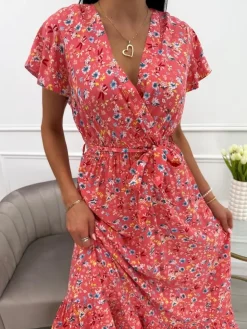 Koralowa Sukienka Maxi w Kwiaty 13924-532-C|Modna Kiecka Discount