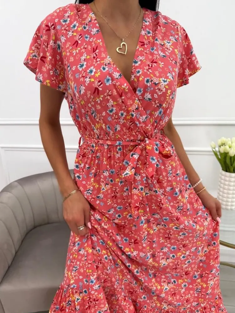 Koralowa Sukienka Maxi w Kwiaty 13924-532-C|Modna Kiecka Discount