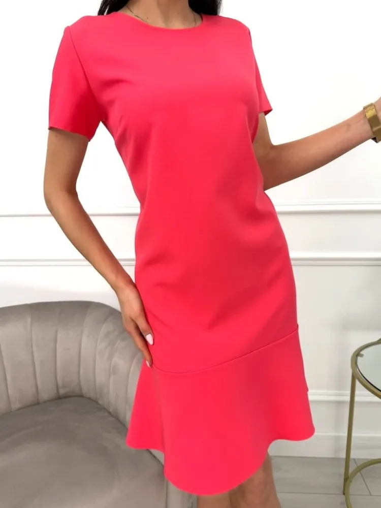 Koralowa Sukienka z Falbanką 11931-409-G|Modna Kiecka Discount