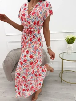 Koralowo-Niebieska Sukienka z Motywem Kwiatowym 13929-303-B|Modna Kiecka Fashion
