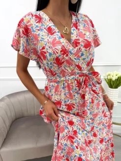 Koralowo-Niebieska Sukienka z Motywem Kwiatowym 13929-303-B|Modna Kiecka Fashion