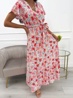 Koralowo-Niebieska Sukienka z Motywem Kwiatowym 13929-303-B|Modna Kiecka Fashion