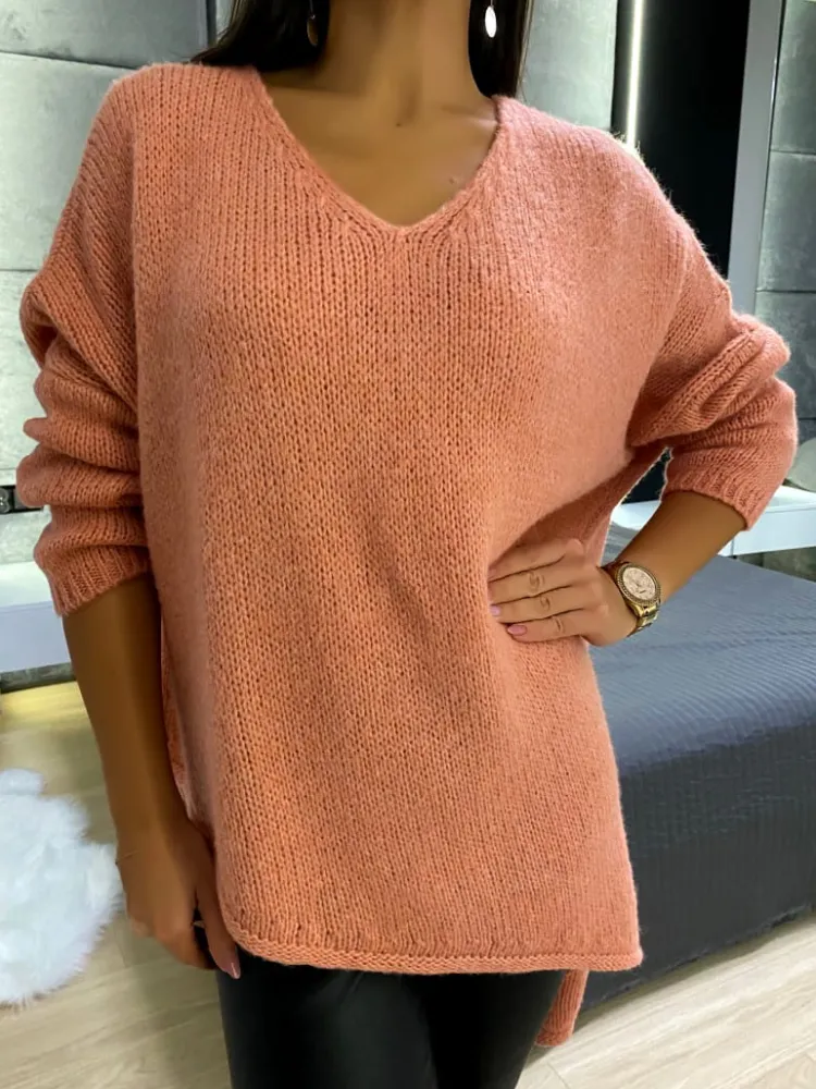 Koralowy Asymetryczny Sweterek 11752-349-D|Modna Kiecka Hot