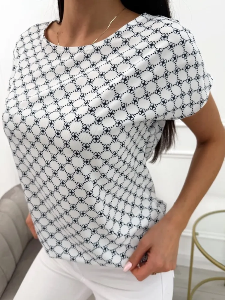 Kremowa Bluzeczka w Granatowy Wzór 13845-401-Q|Modna Kiecka New