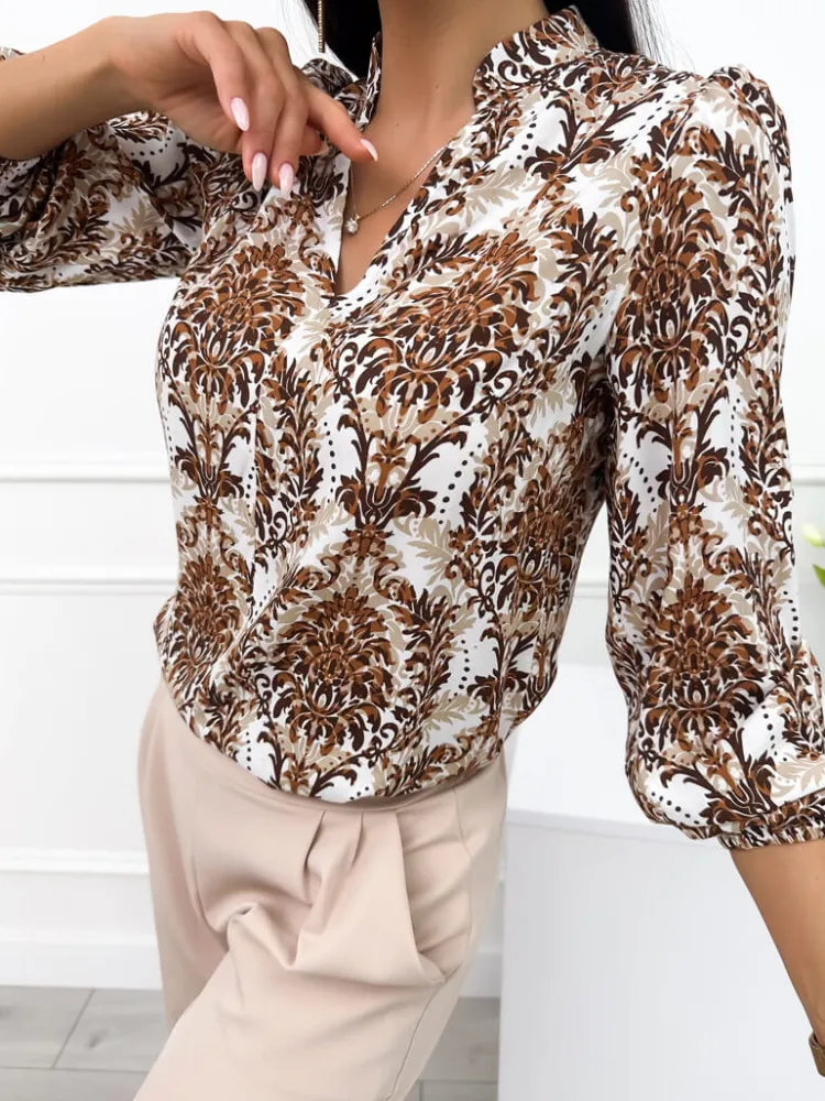 Kremowa Bluzka w Brązowy Wzór 12624-335|Modna Kiecka Discount
