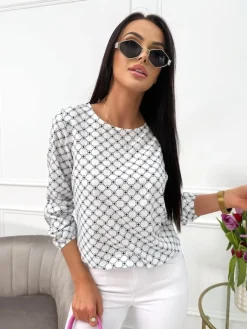 Kremowa Bluzka w Granatowy Wzór 13640-531-Q|Modna Kiecka Outlet