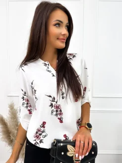 Kremowa Bluzka w Kwiatki 10704-233-Q|Modna Kiecka Clearance