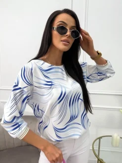 Kremowa Bluzka w Niebieski Wzór 13697-525-Q|Modna Kiecka Fashion