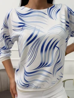 Kremowa Bluzka w Niebieski Wzór 13697-525-Q|Modna Kiecka Fashion