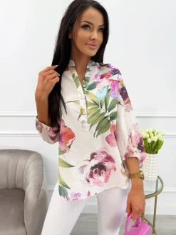 Kremowa Bluzka w Pudrowe Kwiaty 13801-210-B|Modna Kiecka New