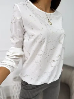 Kremowa Bluzka ze Złotym Wzorem 11137-349-B|Modna Kiecka Fashion