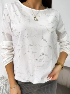Kremowa Bluzka ze Złotym Wzorem 11137-349-B|Modna Kiecka Fashion