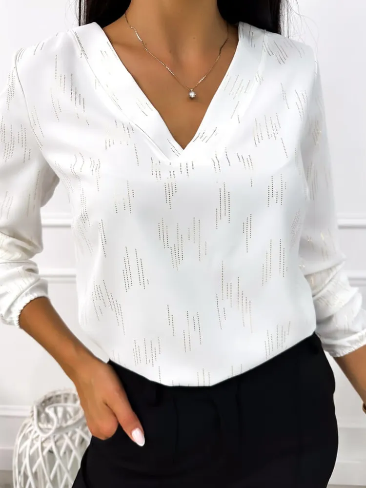 Kremowa Bluzka ze Złotym Wzorem 12724-73|Modna Kiecka Discount