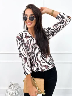 Kremowa Koszula z Motywem Zwierzęcym 12656-95-C|Modna Kiecka Fashion