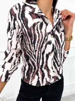 Kremowa Koszula z Motywem Zwierzęcym 12656-95-C|Modna Kiecka Fashion