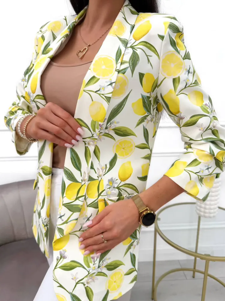 Kremowa Marynarka w Cytrynowy Wzór 13999-112-Q|Modna Kiecka Outlet