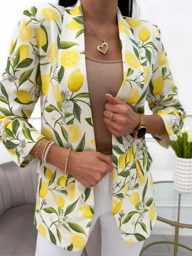 Kremowa Marynarka w Cytrynowy Wzór 13999-112-Q|Modna Kiecka Outlet